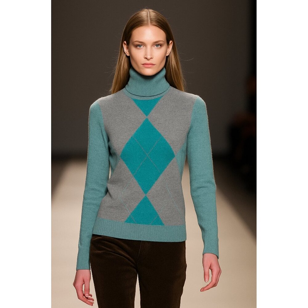 Y2K Argyle Turtleneck Sweater – Teal & Gray Cotton, Preppy Retro- Not worn